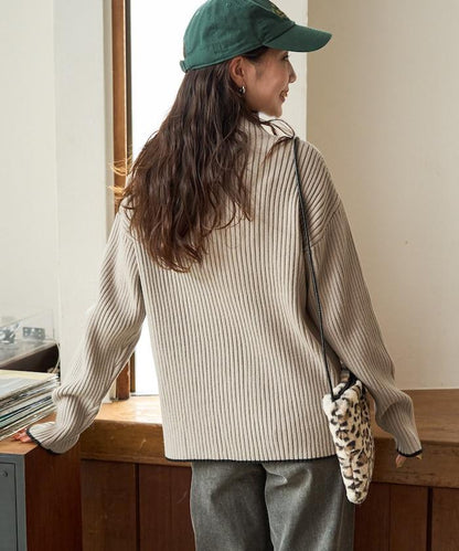 拼色條紋羅紋高領套頭衫