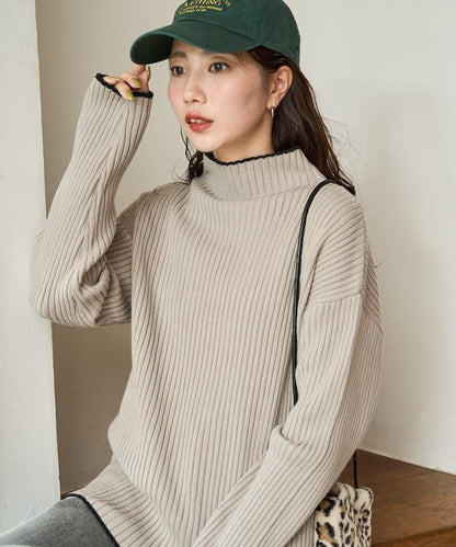 拼色條紋羅紋高領套頭衫