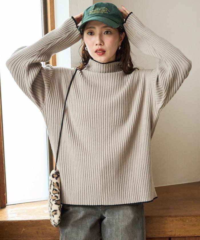 拼色條紋羅紋高領套頭衫