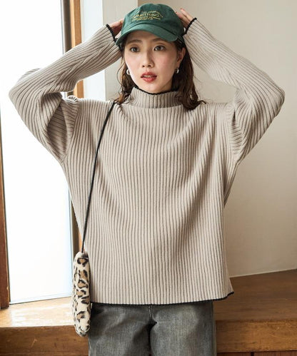 拼色條紋羅紋高領套頭衫