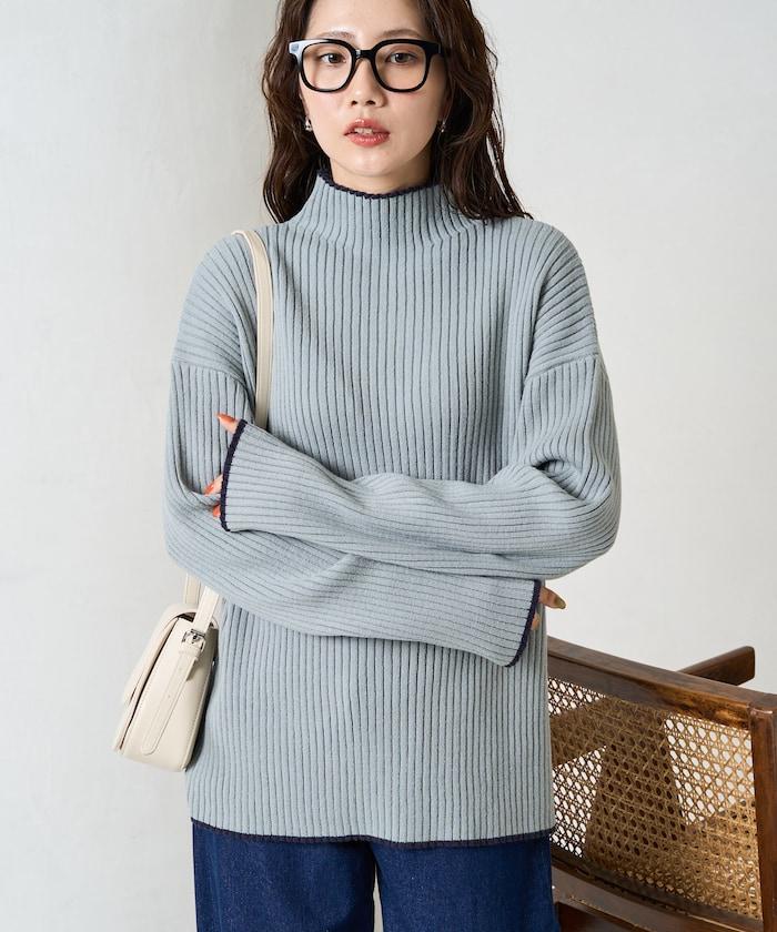 拼色條紋羅紋高領套頭衫