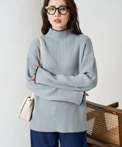 拼色條紋羅紋高領套頭衫