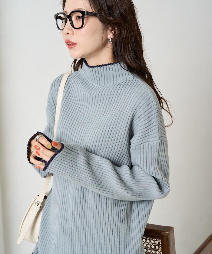 拼色條紋羅紋高領套頭衫