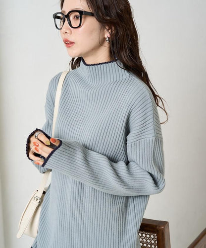 拼色條紋羅紋高領套頭衫