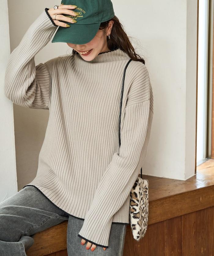 拼色條紋羅紋高領套頭衫