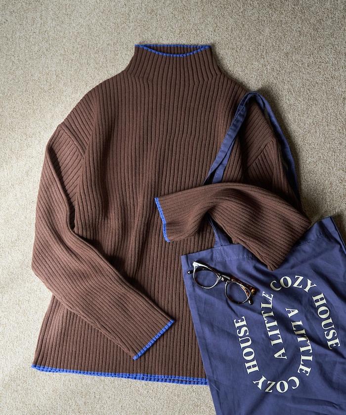 拼色條紋羅紋高領套頭衫