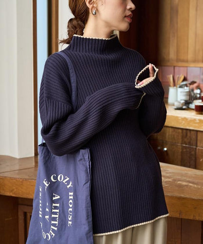 拼色條紋羅紋高領套頭衫