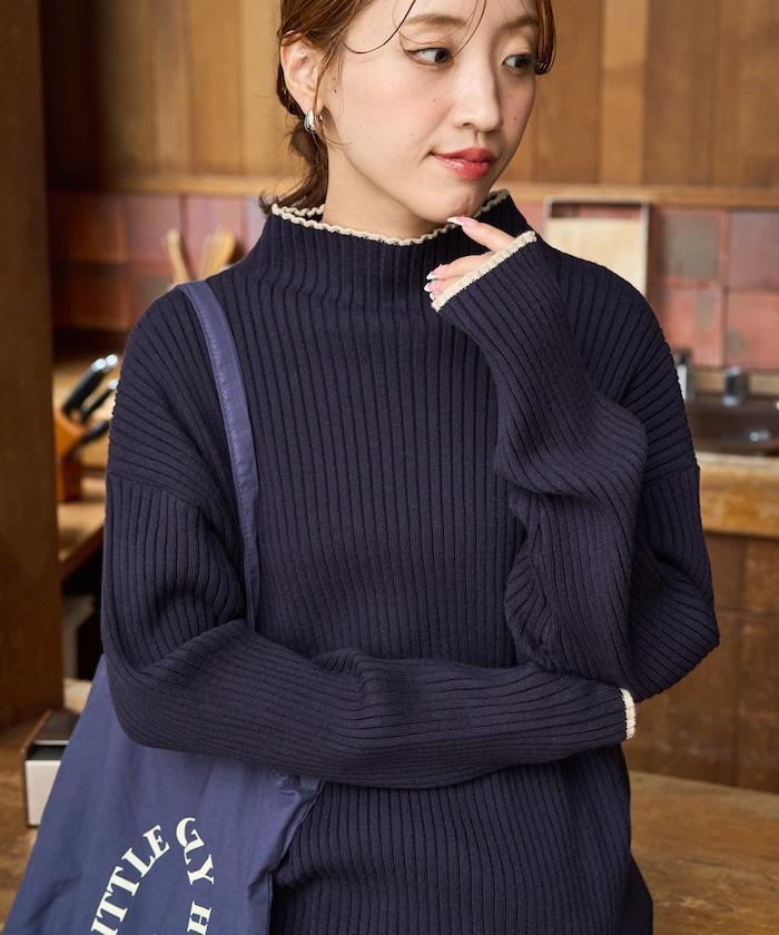 拼色條紋羅紋高領套頭衫