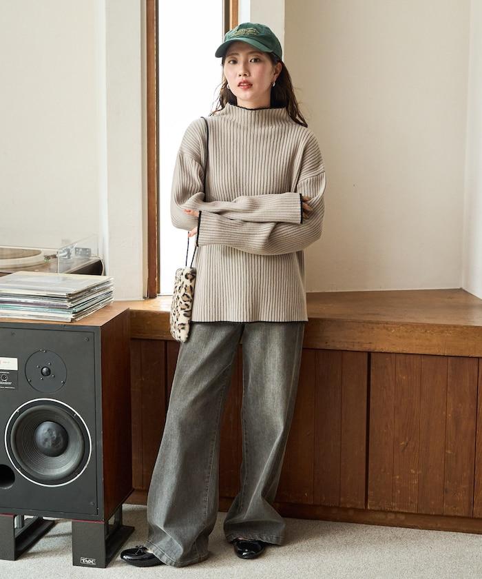 拼色條紋羅紋高領套頭衫