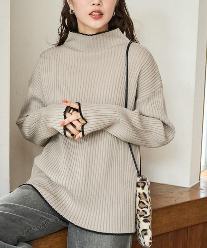 拼色條紋羅紋高領套頭衫