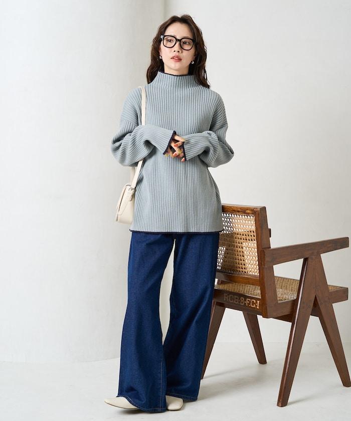 拼色條紋羅紋高領套頭衫