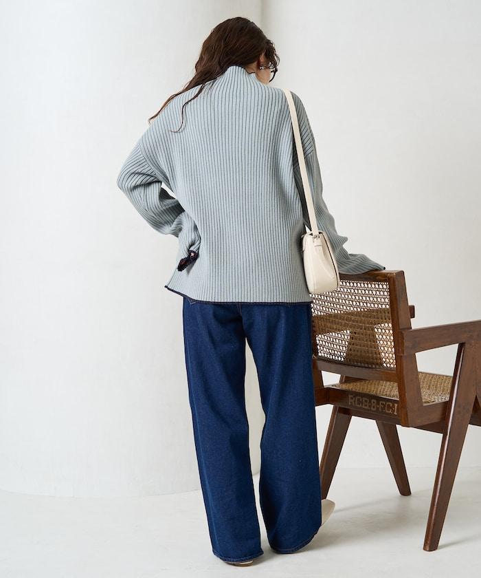 拼色條紋羅紋高領套頭衫