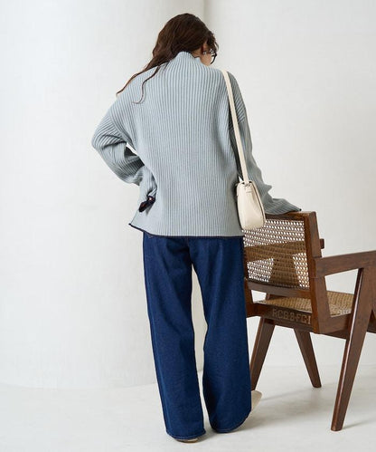 拼色條紋羅紋高領套頭衫