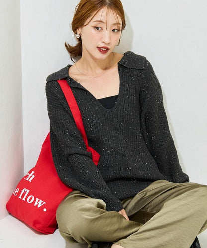 前扣紐扣點點針織帶領套頭衫