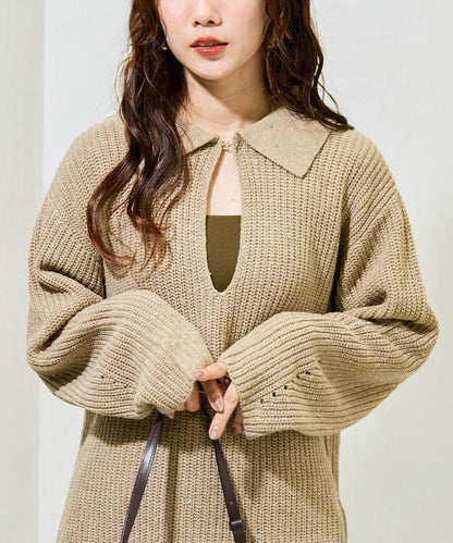 前扣紐扣點點針織帶領套頭衫