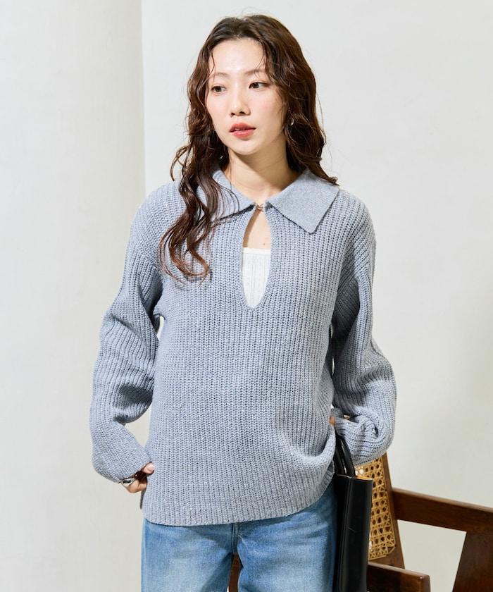 前扣紐扣點點針織帶領套頭衫