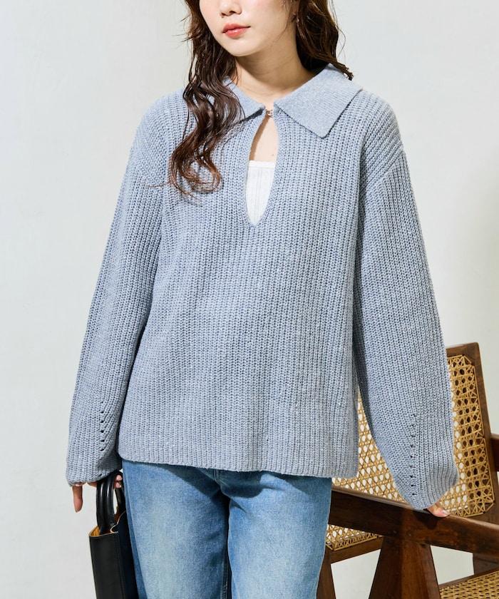前扣紐扣點點針織帶領套頭衫