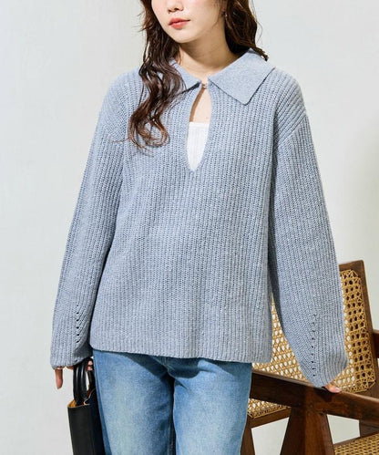 前扣紐扣點點針織帶領套頭衫