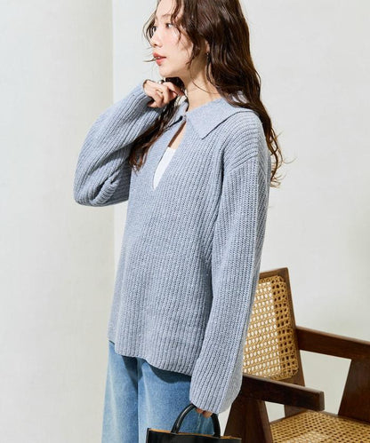 前扣紐扣點點針織帶領套頭衫