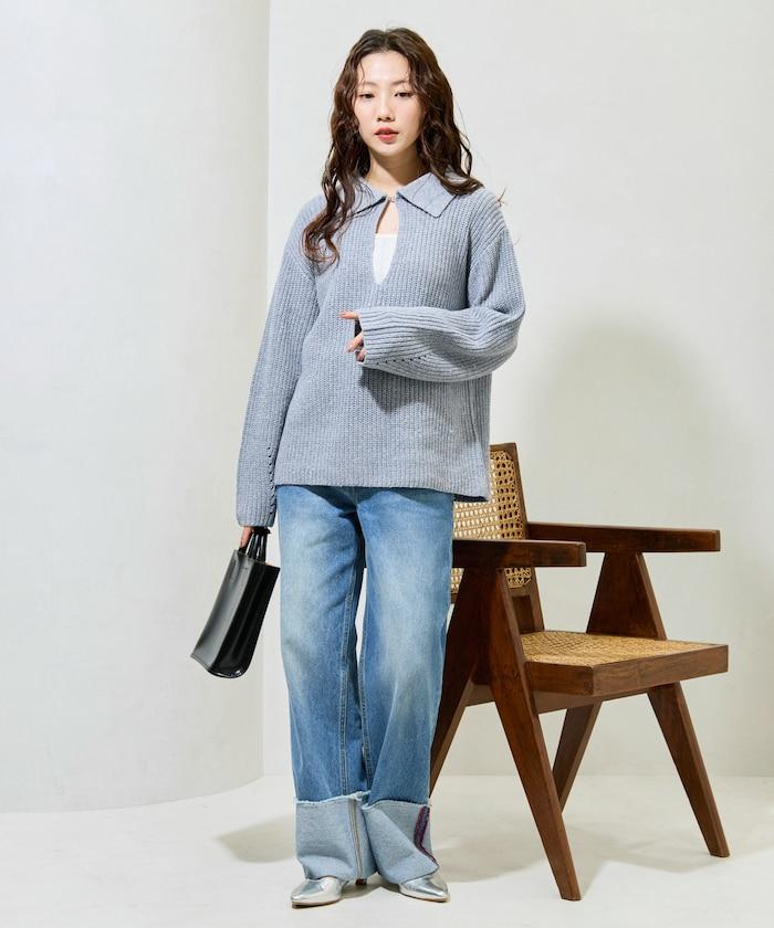 前扣紐扣點點針織帶領套頭衫