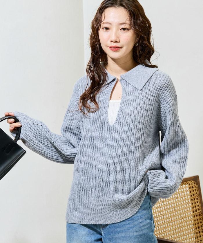 前扣紐扣點點針織帶領套頭衫