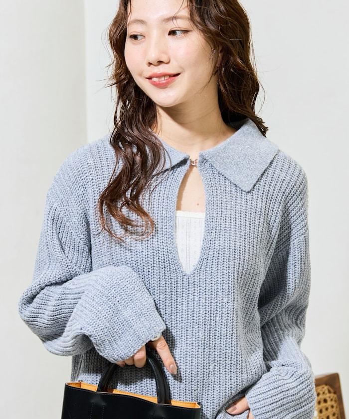 前扣紐扣點點針織帶領套頭衫