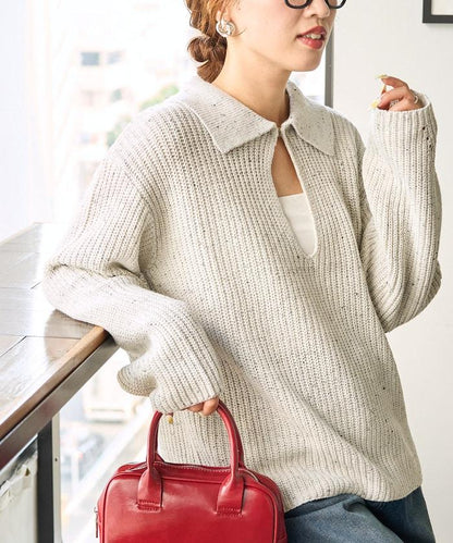 前扣紐扣點點針織帶領套頭衫