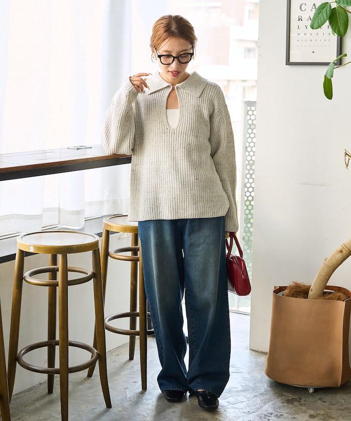 前扣紐扣點點針織帶領套頭衫