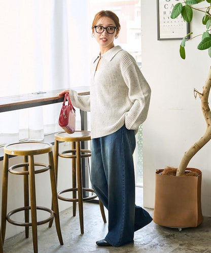 前扣紐扣點點針織帶領套頭衫