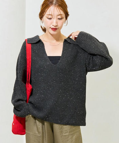 前扣紐扣點點針織帶領套頭衫