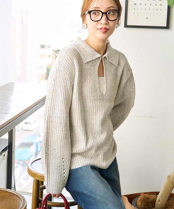 前扣紐扣點點針織帶領套頭衫