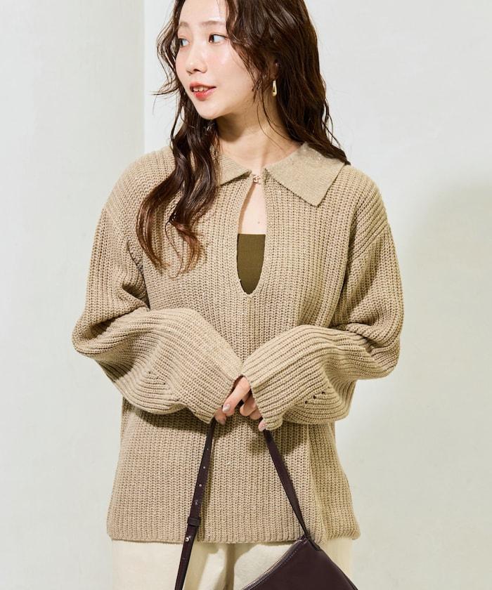 前扣紐扣點點針織帶領套頭衫