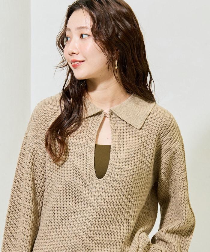 前扣紐扣點點針織帶領套頭衫