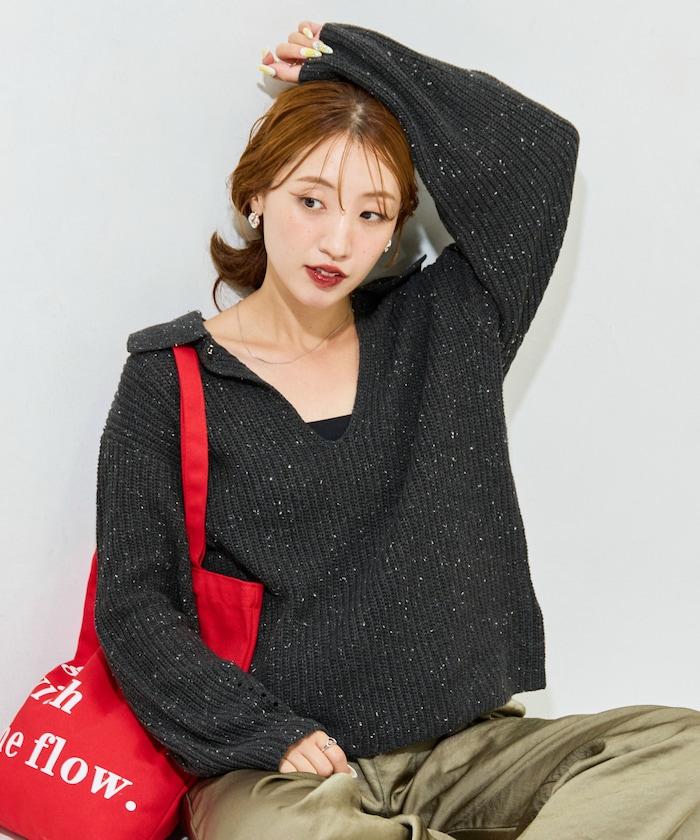 前扣紐扣點點針織帶領套頭衫