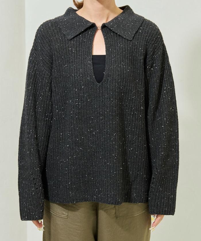 前扣紐扣點點針織帶領套頭衫