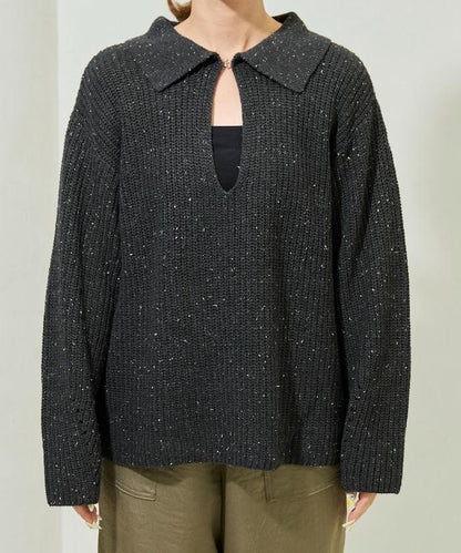 前扣紐扣點點針織帶領套頭衫