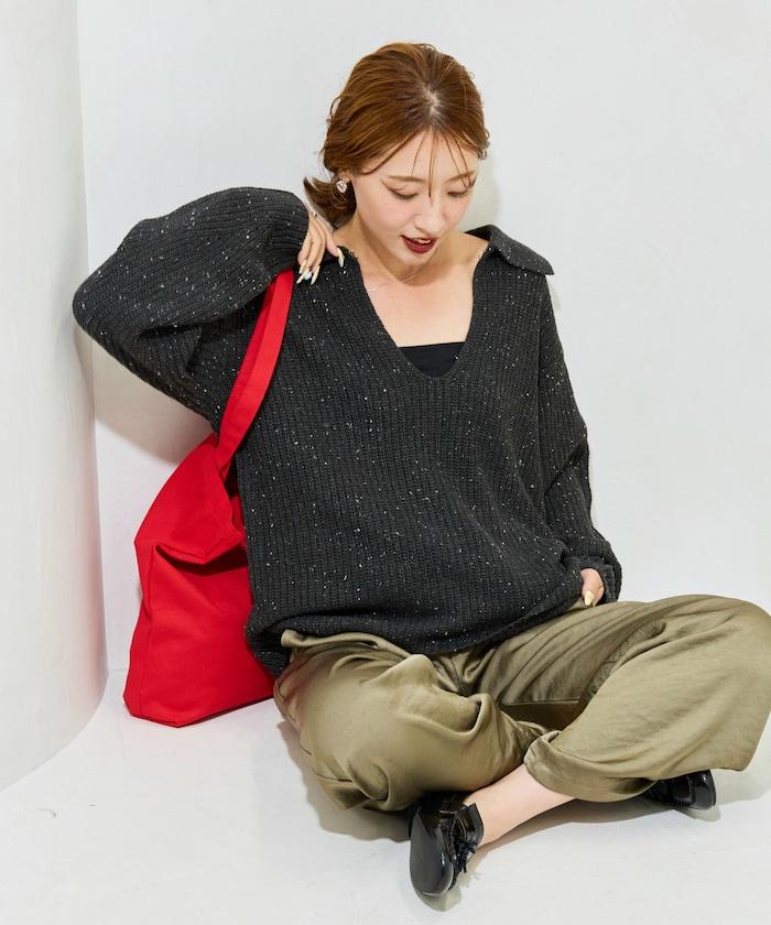 前扣紐扣點點針織帶領套頭衫