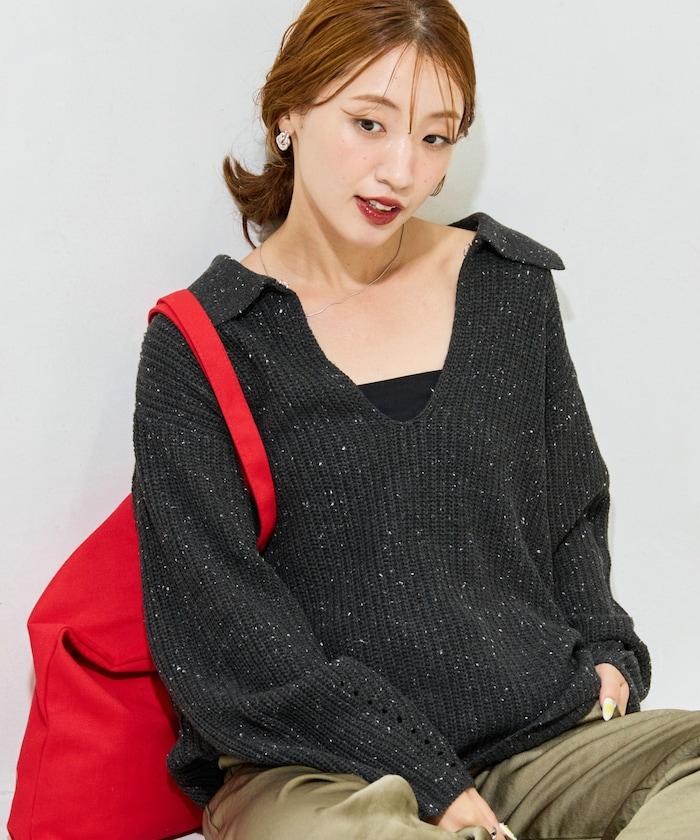 前扣紐扣點點針織帶領套頭衫