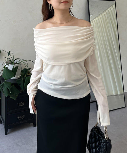 袖開叉透視天鵝絨一字肩上衣