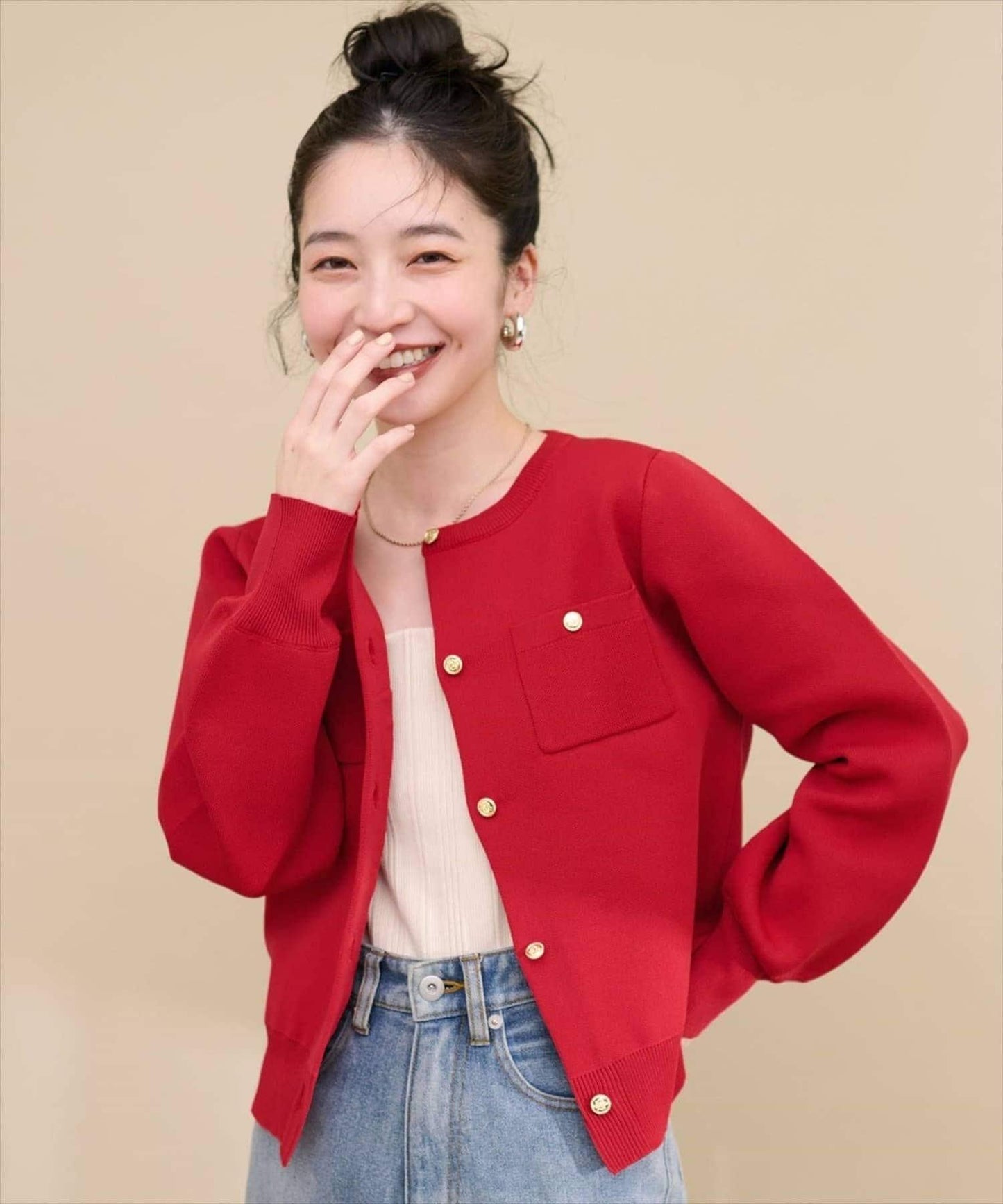 針織金扣帶口袋開衫