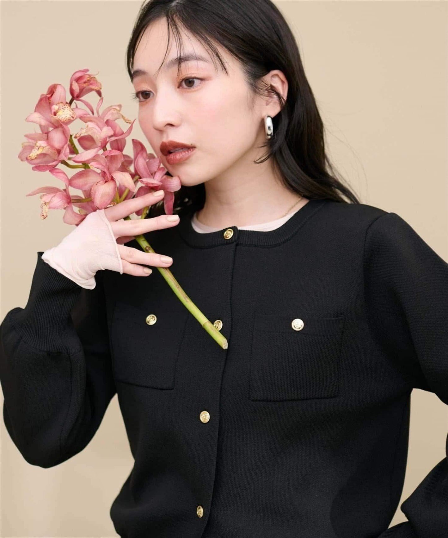 針織金扣帶口袋開衫