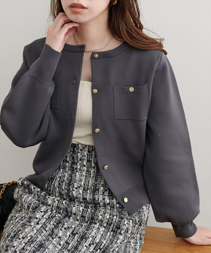 針織金扣帶口袋開衫