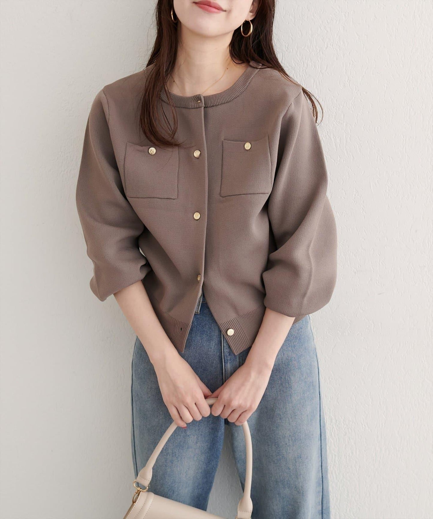 針織金扣帶口袋開衫