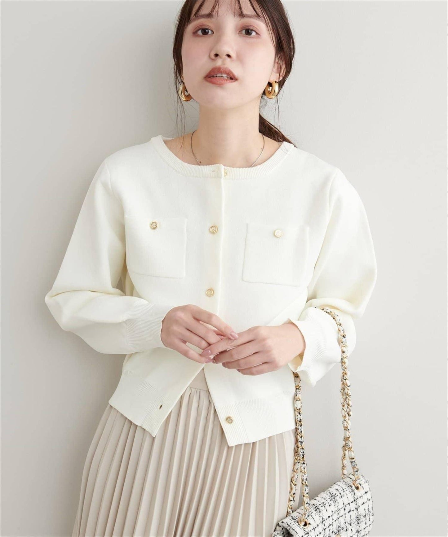 針織金扣帶口袋開衫