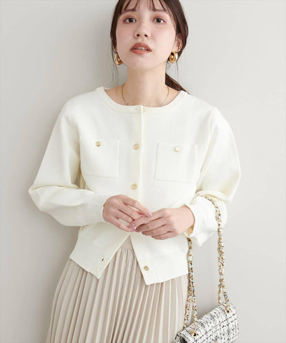 針織金扣帶口袋開衫