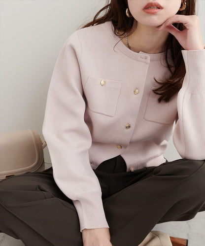 針織金扣帶口袋開衫