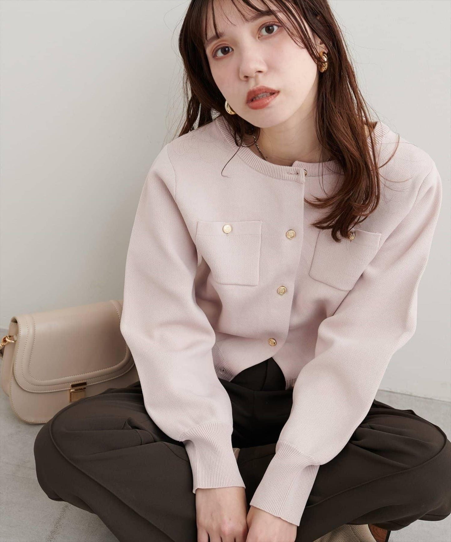 針織金扣帶口袋開衫