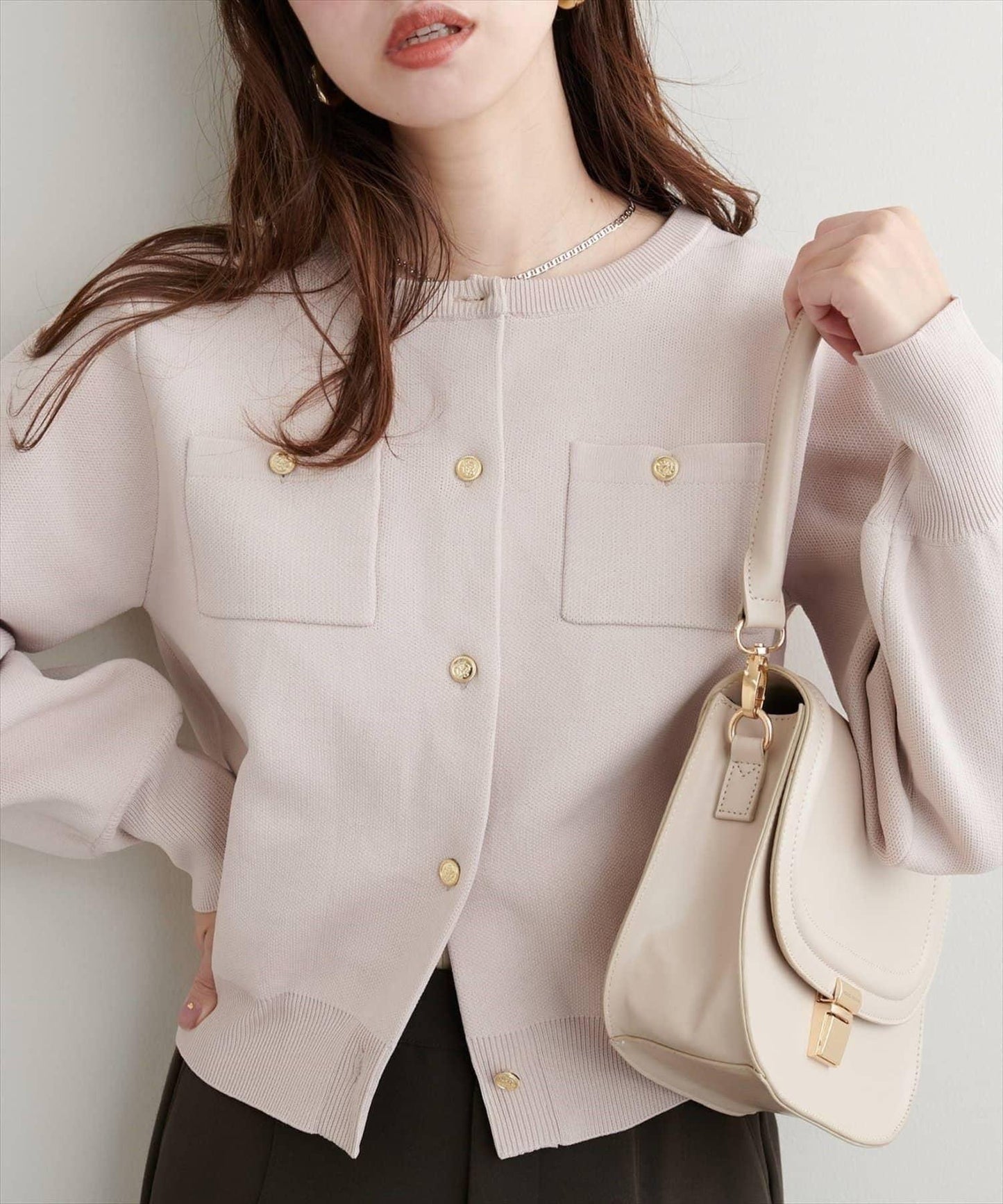 針織金扣帶口袋開衫
