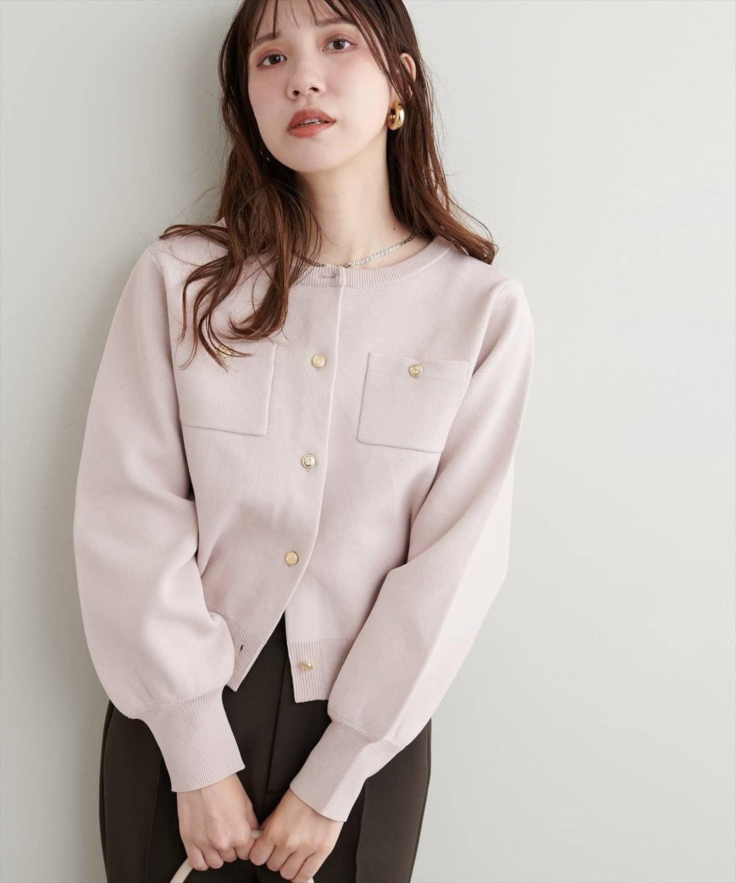 針織金扣帶口袋開衫