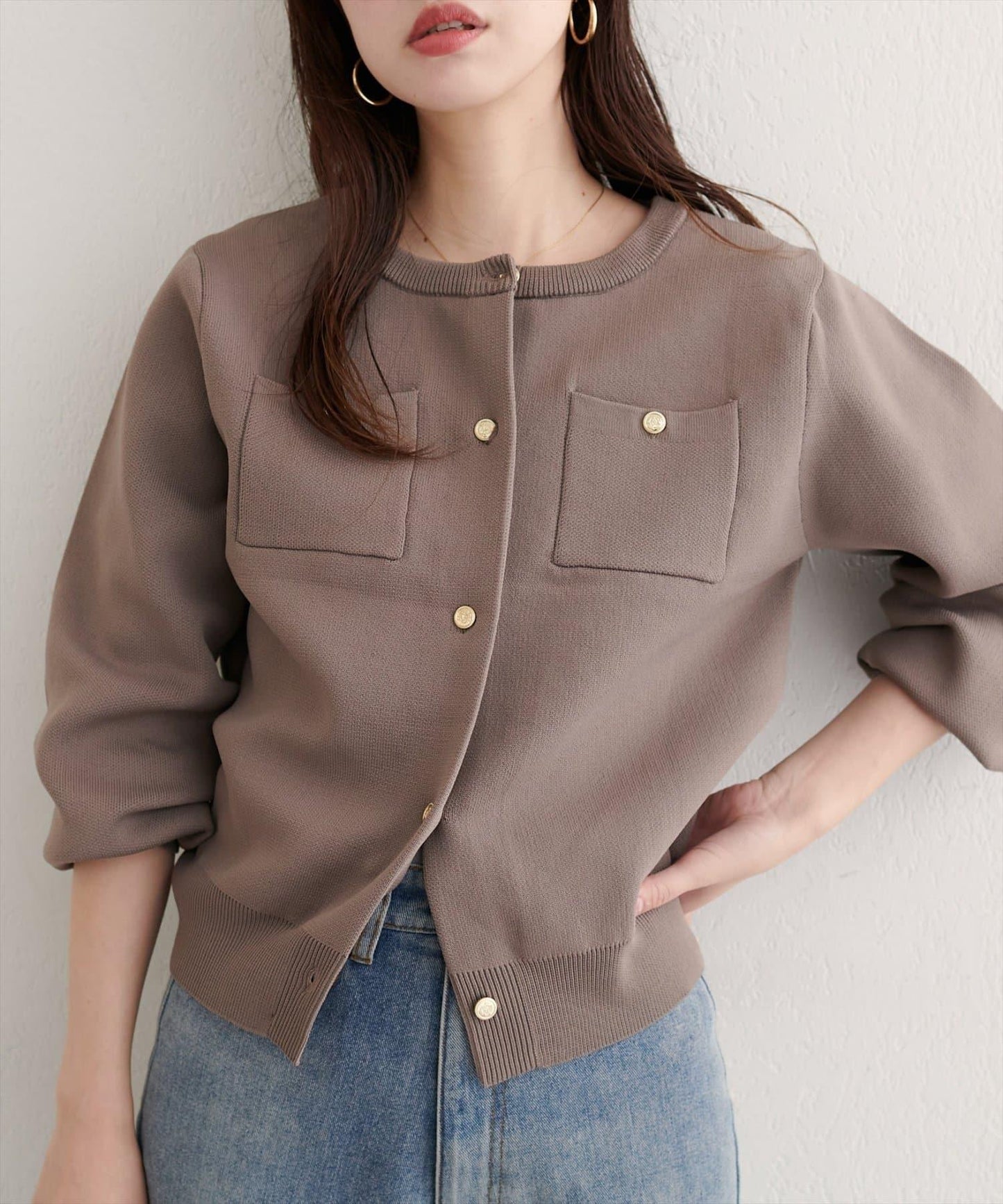 針織金扣帶口袋開衫
